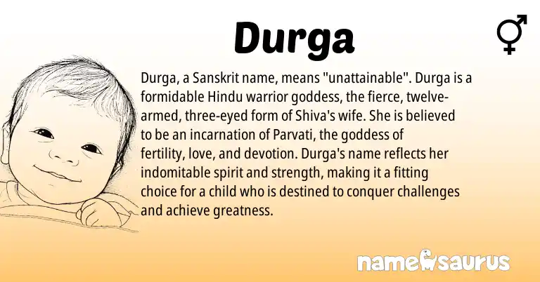 Infographic about Durga name meaning, Durga is a name from Sanskrit, Hindu origin(s).