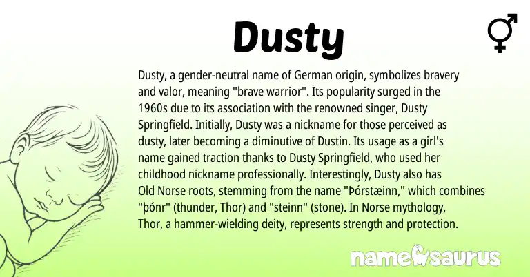 Infographic about Dusty name meaning, Dusty is a name from German, Old Norse, Norse origin(s).