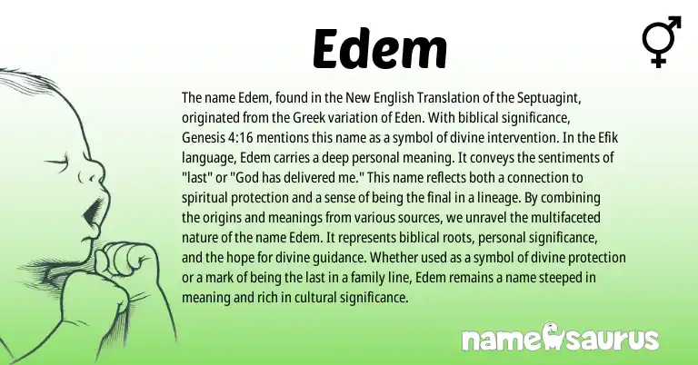 Infographic about Edem name meaning, Edem is a name from English, Efik, Greek origin(s).