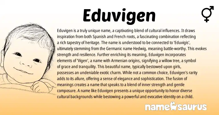 Infographic about Eduvigen name meaning, Eduvigen is a name from Germanic, French, Armenian, Spanish origin(s).