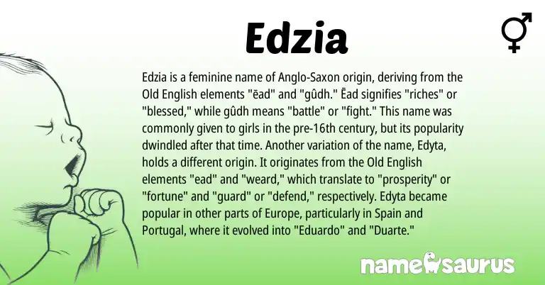 Infographic about Edzia name meaning, Edzia is a name from Spain, Old English, Portugal, Anglo-Saxon origin(s).