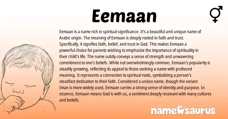 Infographic about Eemaan name meaning, Eemaan is a name from Indian, Arabic origin(s).