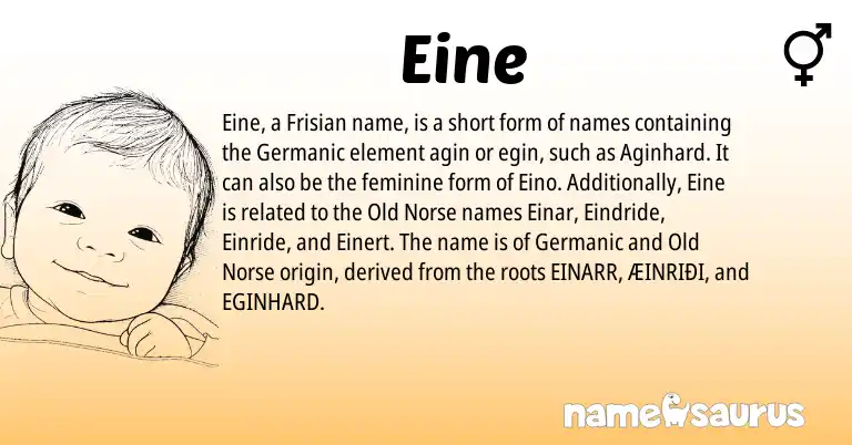 Infographic about Eine name meaning, Eine is a name from Frisian, Old Norse, Germanic origin(s).