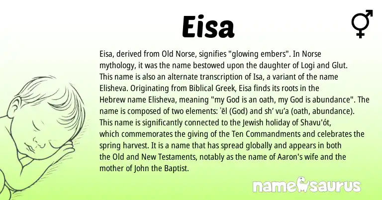 Infographic about Eisa name meaning, Eisa is a name from Old Norse, Biblical Greek, Jewish, Hebrew, Norse origin(s).