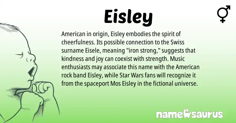 Infographic about Eisley name meaning, Eisley is a name from Swiss, American origin(s).