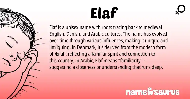Infographic about Elaf name meaning, Elaf is a name from Medieval English, Danish, Arabic origin(s).