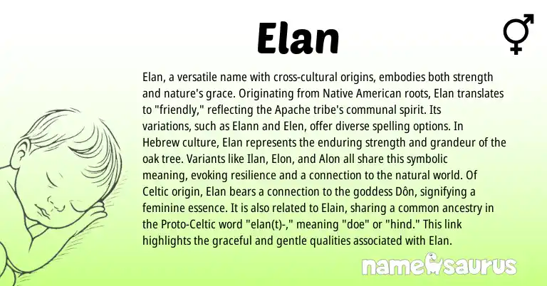 Infographic about Elan name meaning, Elan is a name from Native American, Apache, Celtic, Hebrew, Proto-Celtic origin(s).