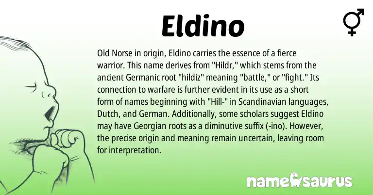 Infographic about Eldino name meaning, Eldino is a name from Old Norse, Scandinavian, Georgian, Germanic, German, Dutch origin(s).