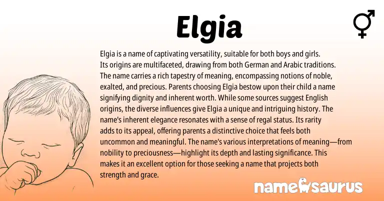 Infographic about Elgia name meaning, Elgia is a name from Germanic, Arabic origin(s).