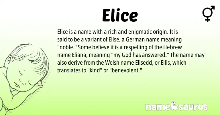 Infographic about Elice name meaning, Elice is a name from German, Welsh, Hebrew origin(s).