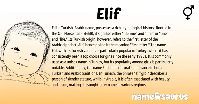 Infographic about Elif name meaning, Elif is a name from Old Norse, Arabic, Turkish origin(s).