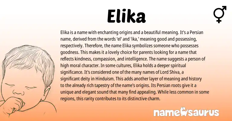 Infographic about Elika name meaning, Elika is a name from Indian, Persian, Sanskrit, Arabic origin(s).