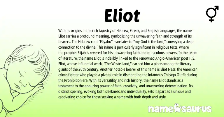 Infographic about Eliot name meaning, Eliot is a name from English, American, Hebrew, Greek origin(s).