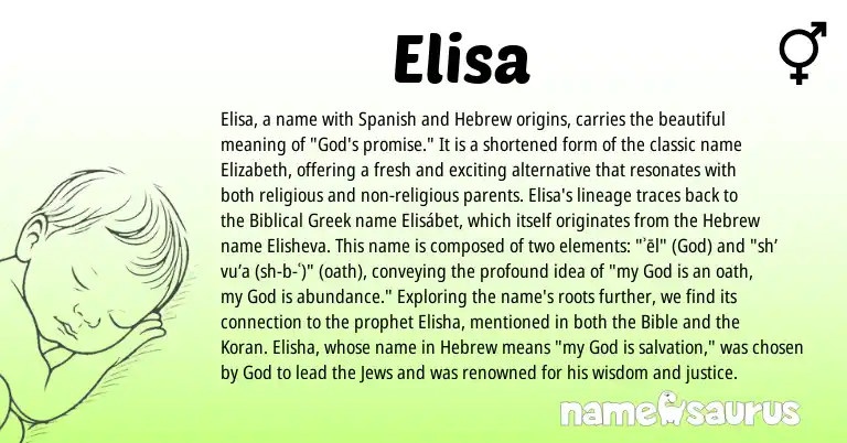 Infographic about Elisa name meaning, Elisa is a name from Spanish, Hebrew, Greek origin(s).