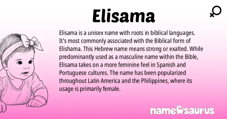 Infographic about Elisama name meaning, Elisama is a name from Biblical Spanish, Biblical Portuguese, Spanish (Latin American), Portuguese (Brazilian) origin(s).