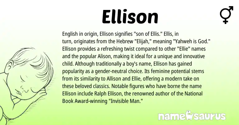 Infographic about Ellison name meaning, Ellison is a name from English, Hebrew origin(s).