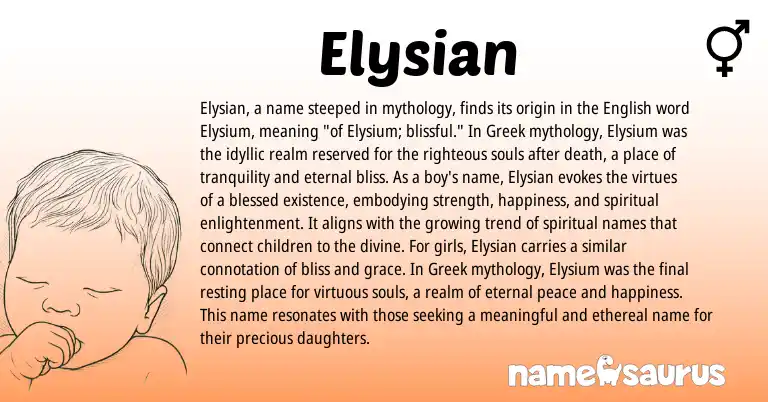 Infographic about Elysian name meaning, Elysian is a name from English, Greek origin(s).
