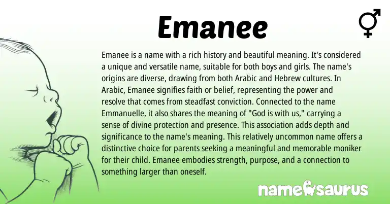 Infographic about Emanee name meaning, Emanee is a name from Hebrew, Arabic origin(s).