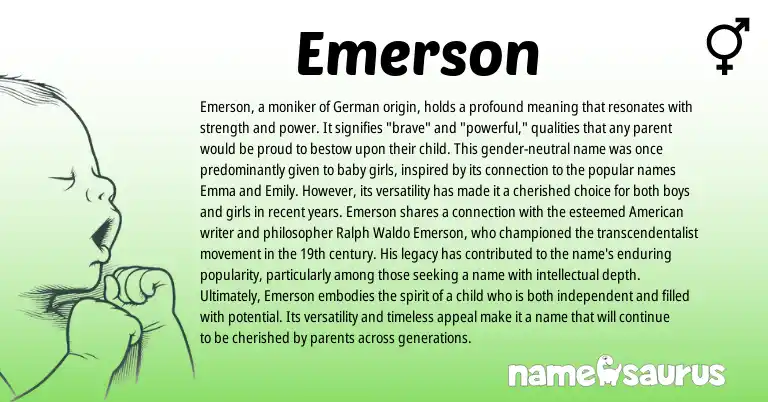 Infographic about Emerson name meaning, Emerson is a name from German, American origin(s).