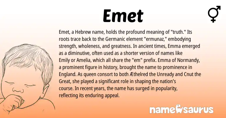 Infographic about Emet name meaning, Emet is a name from Germanic, Hebrew, England origin(s).