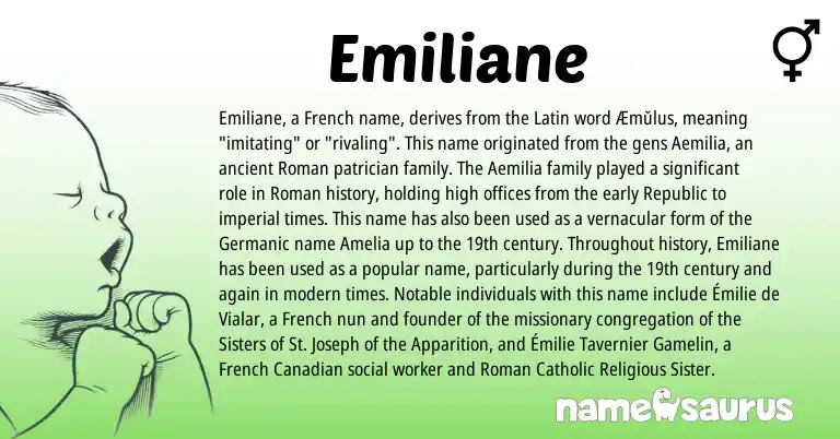 Infographic about Emiliane name meaning, Emiliane is a name from Canadian, French, Roman, Germanic, Latin origin(s).