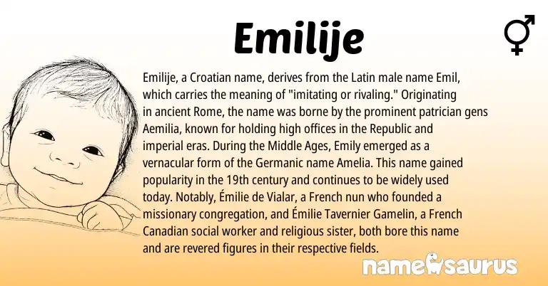 Infographic about Emilije name meaning, Emilije is a name from Croatian, Canadian, French, Germanic, Latin origin(s).