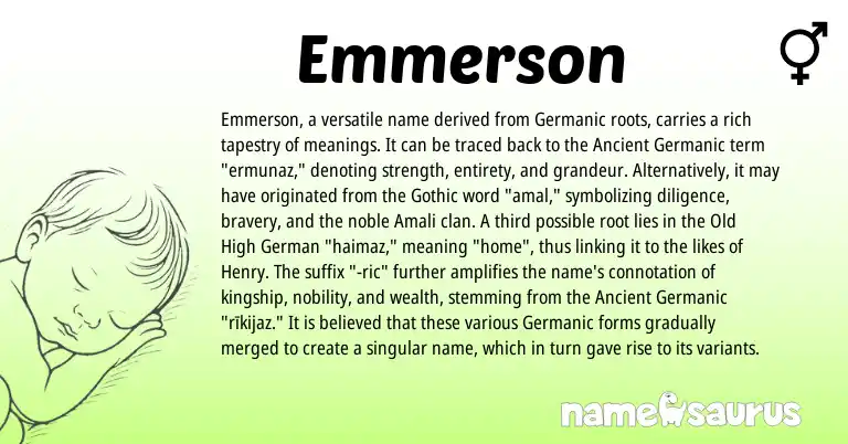 Infographic about Emmerson name meaning, Emmerson is a name from Old High German, Germanic, Ancient Germanic, Gothic origin(s).