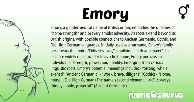 Infographic about Emory name meaning, Emory is a name from Old High German, British, Ancient Germanic, Gothic origin(s).