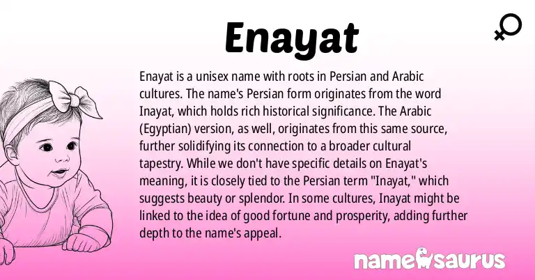 Infographic about Enayat name meaning, Enayat is a name from Persian, Arabic (Egyptian) origin(s).