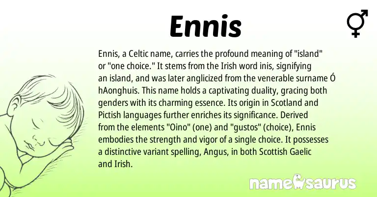 Infographic about Ennis name meaning, Ennis is a name from Irish, Gaelic, Pictish, Celtic, Scottish origin(s).
