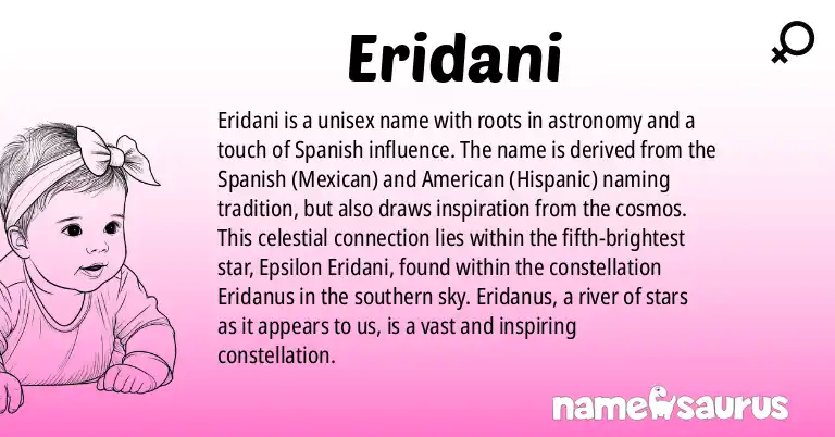 Infographic about Eridani name meaning, Eridani is a name from Spanish (Mexican), American (Hispanic), Astronomy origin(s).