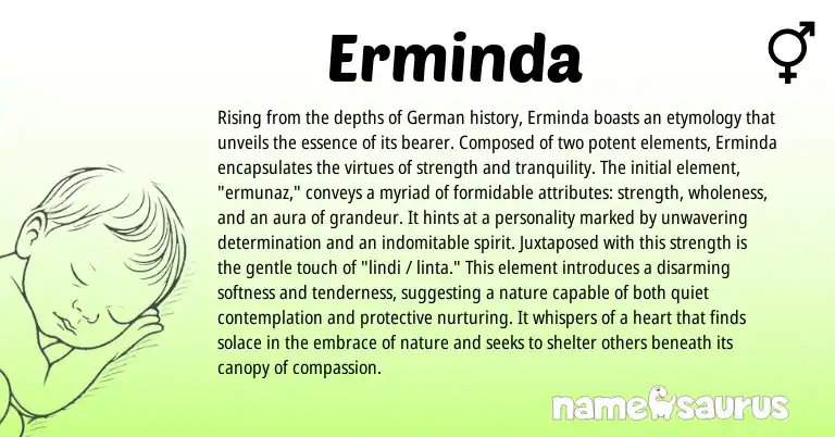 Infographic about Erminda name meaning, Erminda is a name from German origin(s).