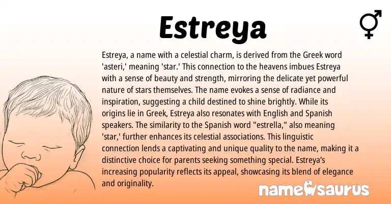 Infographic about Estreya name meaning, Estreya is a name from Spanish, Greek origin(s).