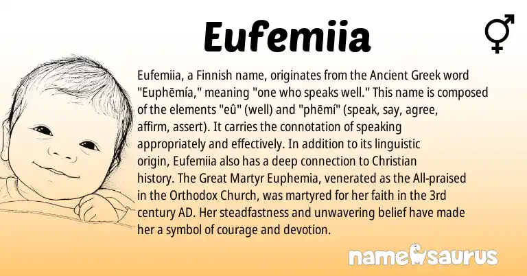 Infographic about Eufemiia name meaning, Eufemiia is a name from Finnish, Ancient Greek origin(s).