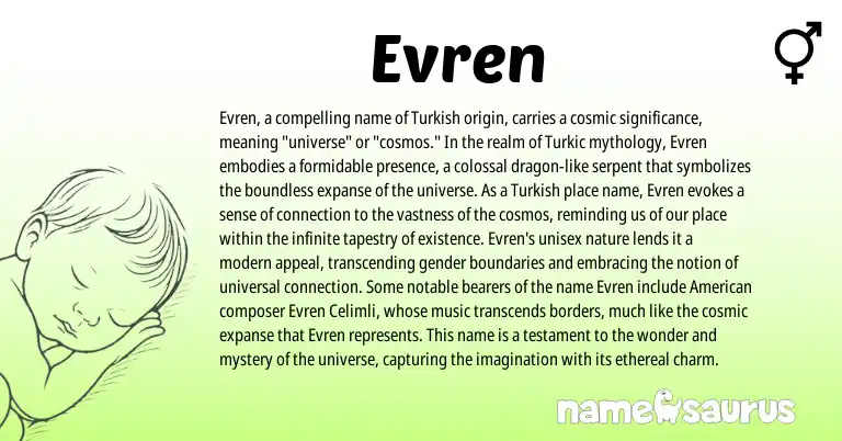 Infographic about Evren name meaning, Evren is a name from Turkish, American origin(s).