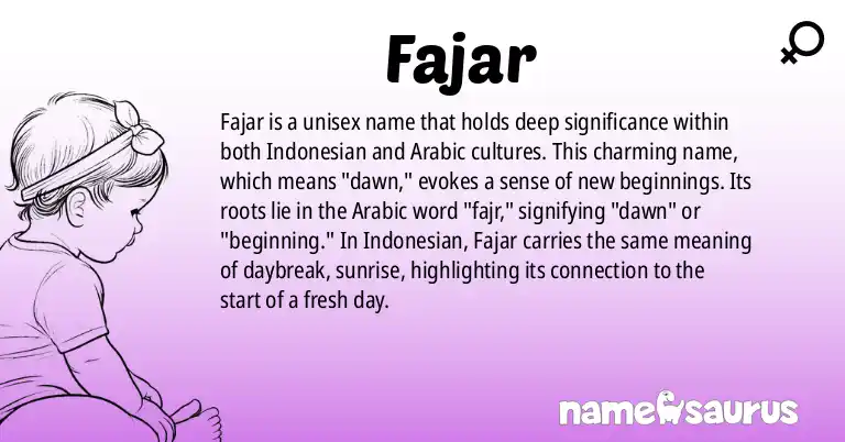 Infographic about Fajar name meaning, Fajar is a name from Indonesian, Arabic origin(s).