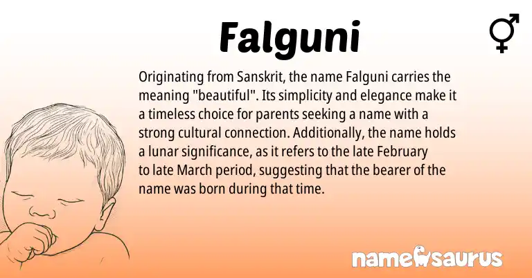 Infographic about Falguni name meaning, Falguni is a name from Sanskrit origin(s).