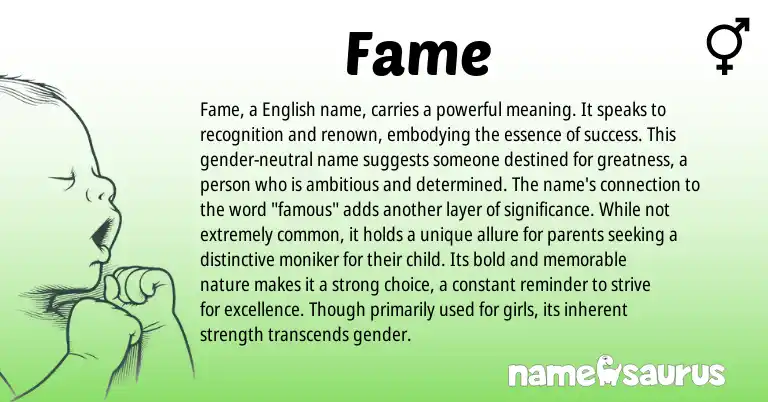 Infographic about Fame name meaning, Fame is a name from English origin(s).