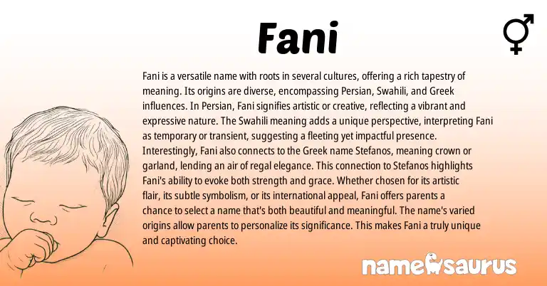 Infographic about Fani name meaning, Fani is a name from Arabic, Greek, Persian, Swahili origin(s).
