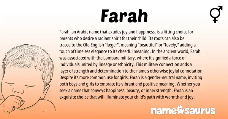 Infographic about Farah name meaning, Farah is a name from Old English, Arabic, Lombard origin(s).