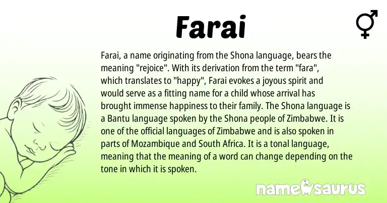 Infographic about Farai name meaning, Farai is a name from Mozambique, Zimbabwe, Shona, South Africa, Bantu origin(s).