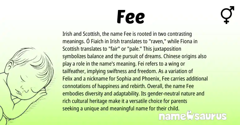 Infographic about Fee name meaning, Fee is a name from Irish, Chinese, Scottish origin(s).