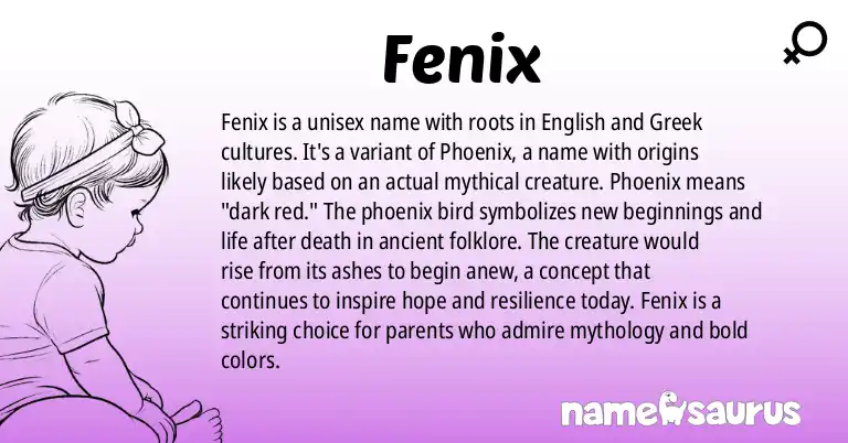Infographic about Fenix name meaning, Fenix is a name from English, Greek origin(s).
