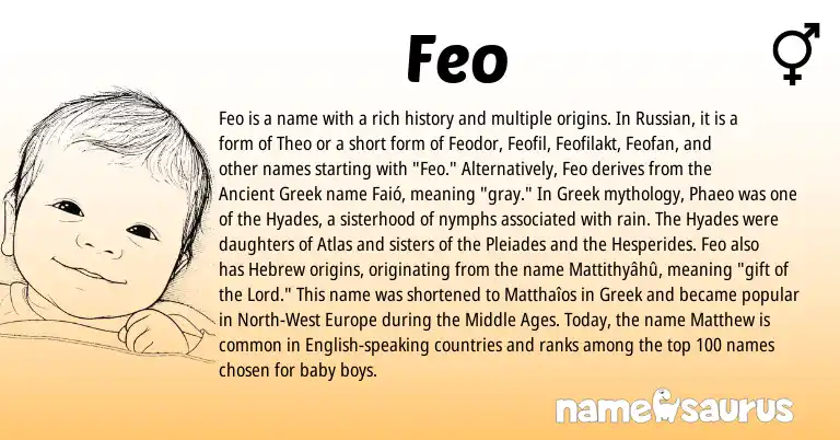 Infographic about Feo name meaning, Feo is a name from Ancient Greek, English, Russian, Greek, Hebrew origin(s).