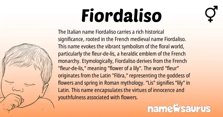 Infographic about Fiordaliso name meaning, Fiordaliso is a name from Roman, French, Latin, Italian origin(s).