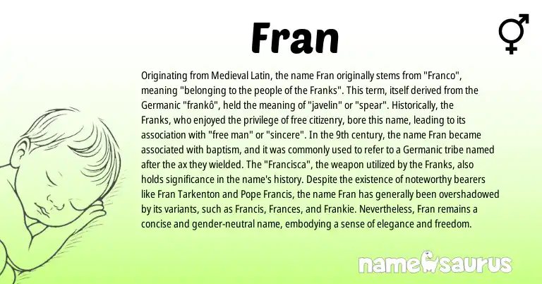 Infographic about Fran name meaning, Fran is a name from Germanic, Medieval Latin origin(s).
