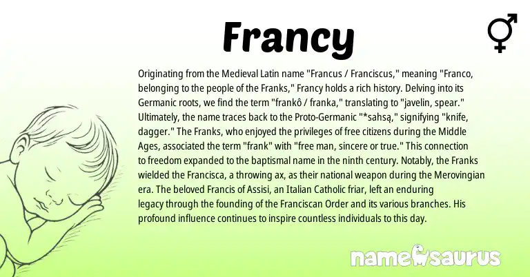 Infographic about Francy name meaning, Francy is a name from Germanic, Medieval Latin, Italian origin(s).