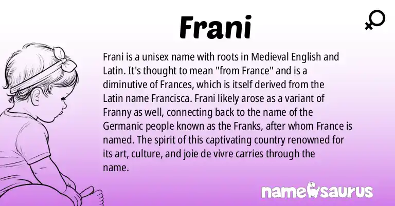 Infographic about Frani name meaning, Frani is a name from Medieval English, Latin origin(s).