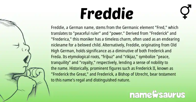 Infographic about Freddie name meaning, Freddie is a name from Old High German, German, Germanic origin(s).