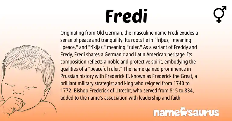 Infographic about Fredi name meaning, Fredi is a name from Prussian, Germanic, Latin, Old German, American origin(s).